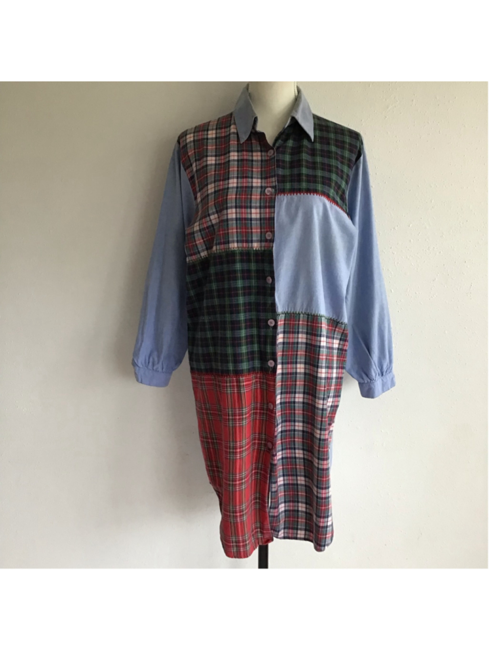 Go Solfly Women's Patchwork Plaid Button Down Shirt Dress, Size S, Blue/Red